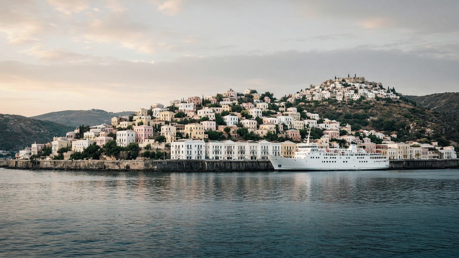 Syros Travel Guide A harbour town of pastel and white neoclassical houses rising up a hillside from the sea, with an old white village on a neighbouring summit and a white ferry at the quay