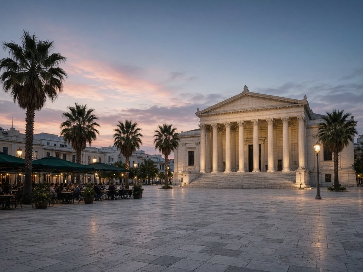 Syros Travel Guide A wide marble-paved square at dusk with palm trees, café tables of people under green umbrellas and a softly floodlit neoclassical building with columns and broad steps