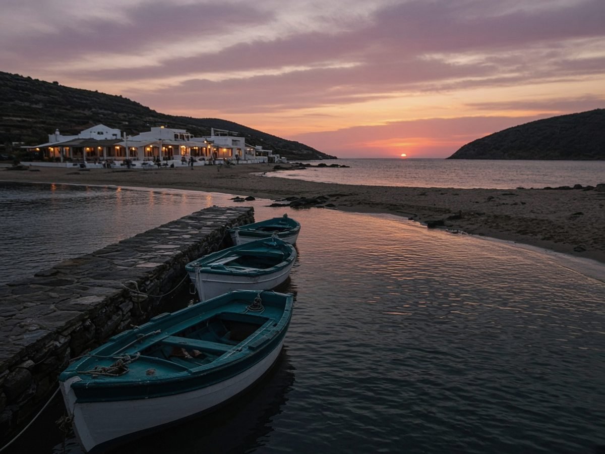 Syros Travel Guide Small wooden fishing boats with dark teal trim moored at a stone jetty in a quiet sandy bay at sunset, with lit whitewashed tavernas along the beach under a pink and orange sky