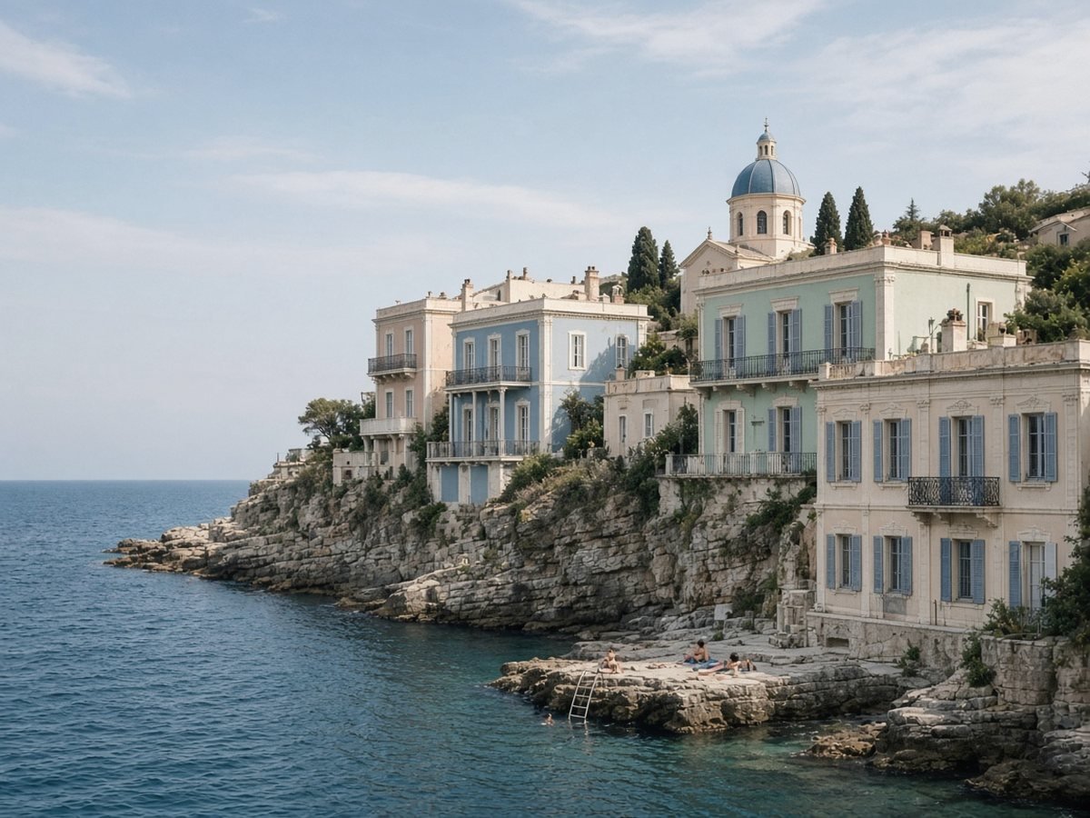 Syros Travel Guide Pastel neoclassical mansions with balconies on a rocky shore above deep blue sea, with a few people sunbathing on the flat rocks and a blue church dome behind