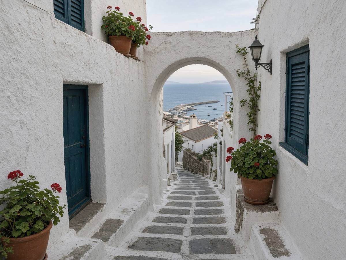 Syros Travel Guide A narrow whitewashed stepped lane passing under an arch, with dark teal doors and shutters, red geraniums in terracotta pots and a view down over rooftops to a harbour and the sea