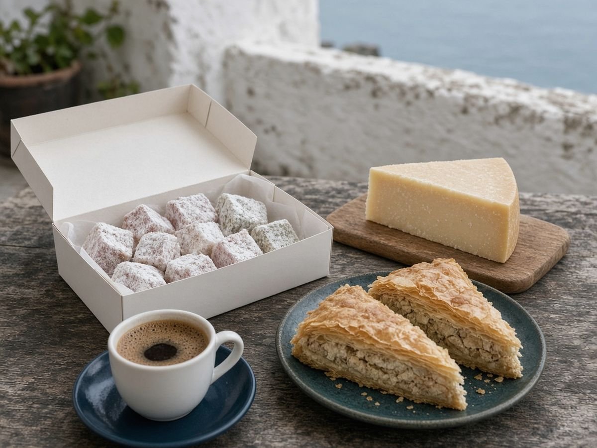 Syros Travel Guide An open white box of sugar-dusted loukoumi, a wedge of pale hard cheese on a wooden board, two slices of flaky pastry and a small cup of coffee on a café table by the sea