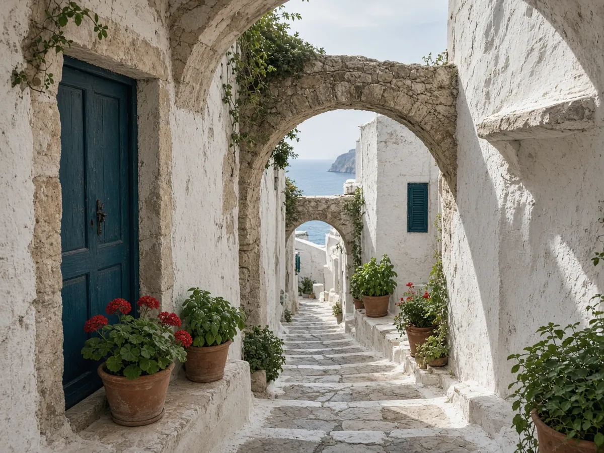 Where to Stay in Naxos A whitewashed stepped lane passing under old stone arches, with red geraniums in terracotta pots, a dark teal door and a glimpse of blue sea at the end