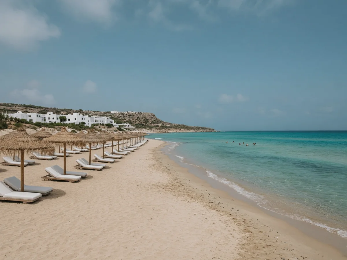 Where to Stay in Naxos A long sandy beach with straw umbrellas and white sunbeds along clear turquoise water, with a few swimmers and low white buildings on the hillside behind
