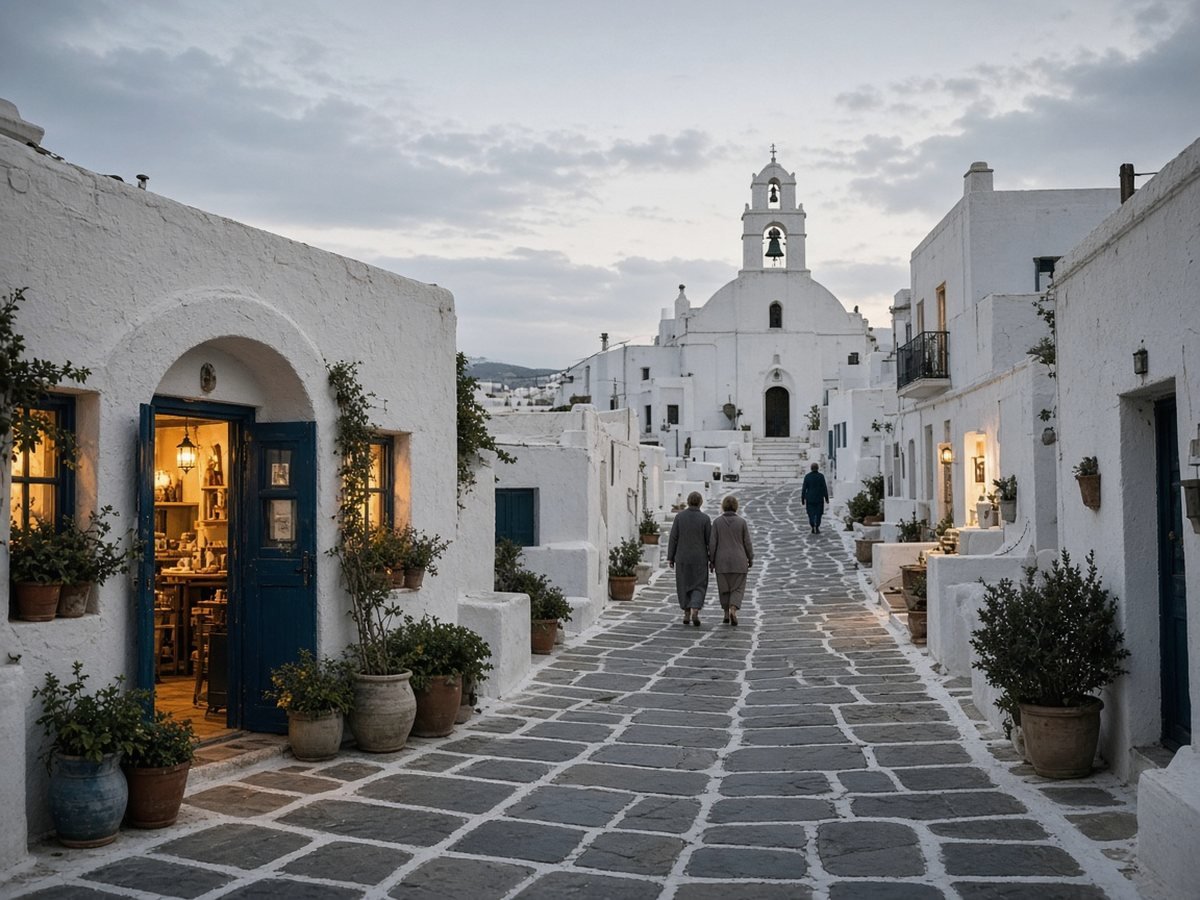 A whitewashed lane at dusk with lamp-lit shop doorways and potted plants, leading uphill to a white church with a bell tower, with a few people strolling