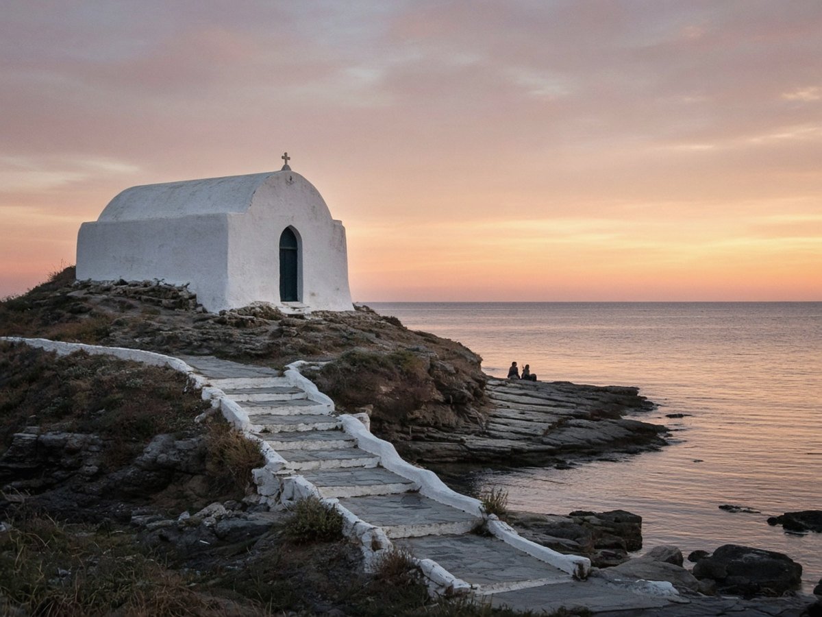 A small whitewashed chapel on a rocky headland at sunset, with a white stepped path leading down to flat rocks where two people sit by the calm sea