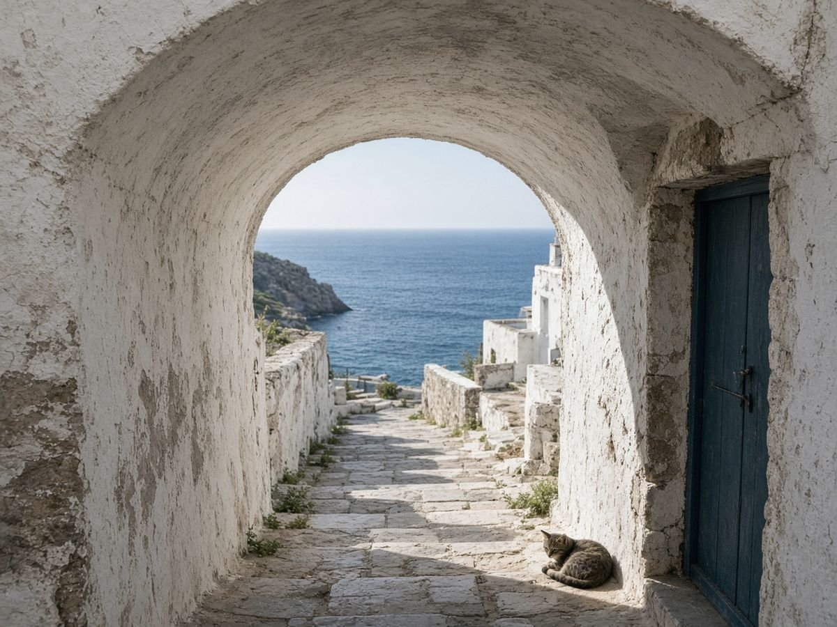 A whitewashed vaulted passage in an old clifftop village opening onto worn stone steps and a view straight down to a deep blue sea, with a dark teal door and a cat asleep on the step