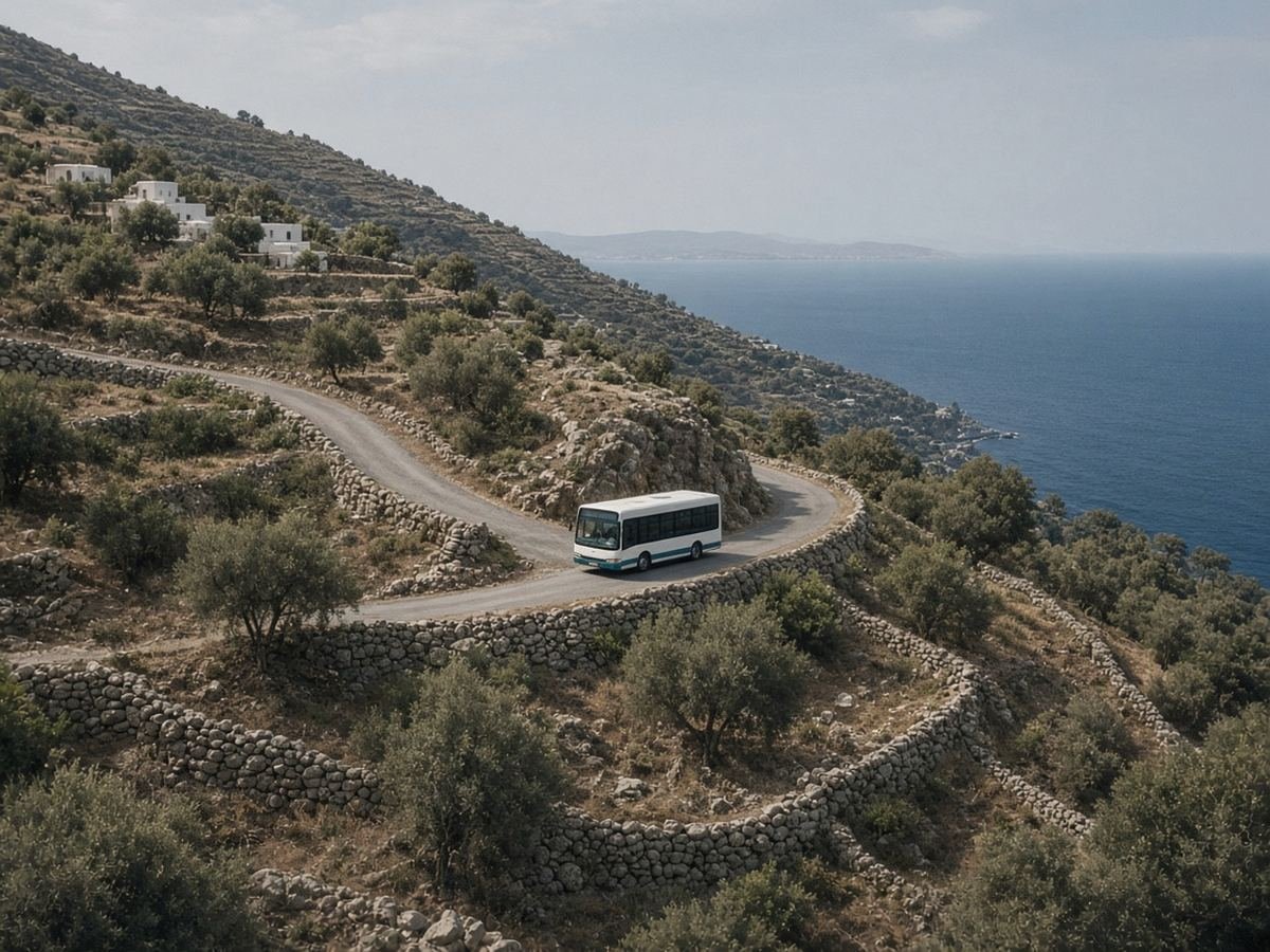 A small white bus on a narrow road winding through terraced hills with dry-stone walls and olive trees, with the sea far below