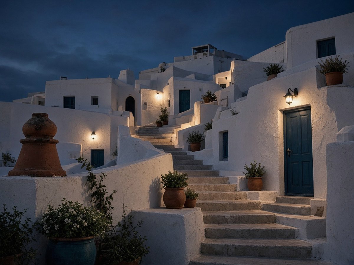 Stepped whitewashed lanes at night lit by warm wall lamps, with potted plants, dark teal doors and a terracotta chimney pot under a deep blue sky
