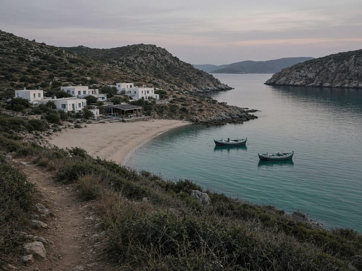 A sheltered cove seen from a scrubby hillside path at dusk, with a narrow sandy beach, a few white houses and a taverna by the shore and two fishing boats on calm turquoise water
